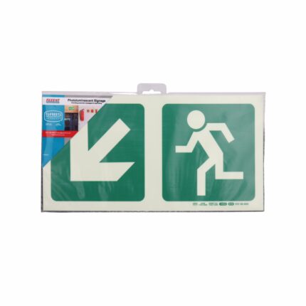 Photoluminescent 190Mm Safety Sign -E14-Diagonal Arrow Down And Left +Running Man