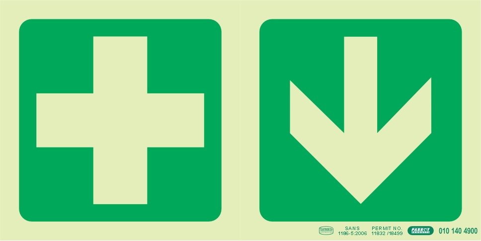 Photoluminescent 190Mm Safety Sign -E7A-Green Cross+Arrow Down Photoluminescent 190Mm Safety Sign -E7A-Green Cross+Arrow Down - Image 1