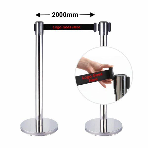Retractable Queue Barrier Chrome With Black Belt 910X320Mm With Print - Box Of 2