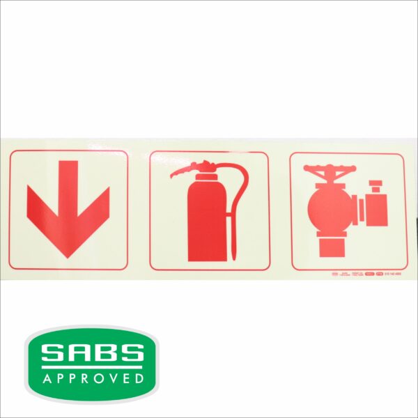 Photoluminescent 190Mm Safety Sign - F10-Arrow Down+Fire Extinguisher+Fire Hydrant