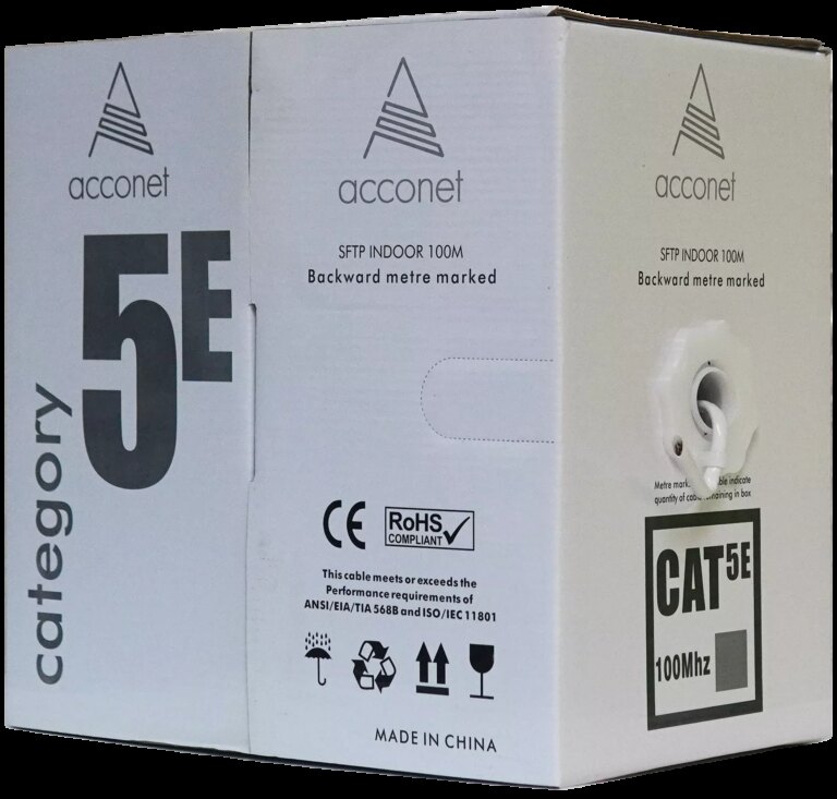 Acconet CAT5e Indoor Ethernet Cable 100m White Solid Copper STP Pull Box | CAT5-100-SC-STP