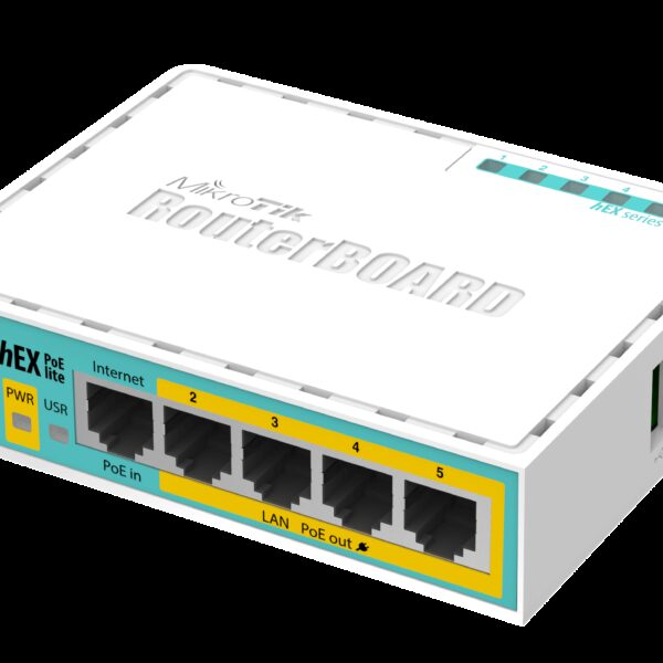 MikroTik hEX PoE Lite - Desktop PoE Router with 5 10/100 LAN ports and 1 USB port
