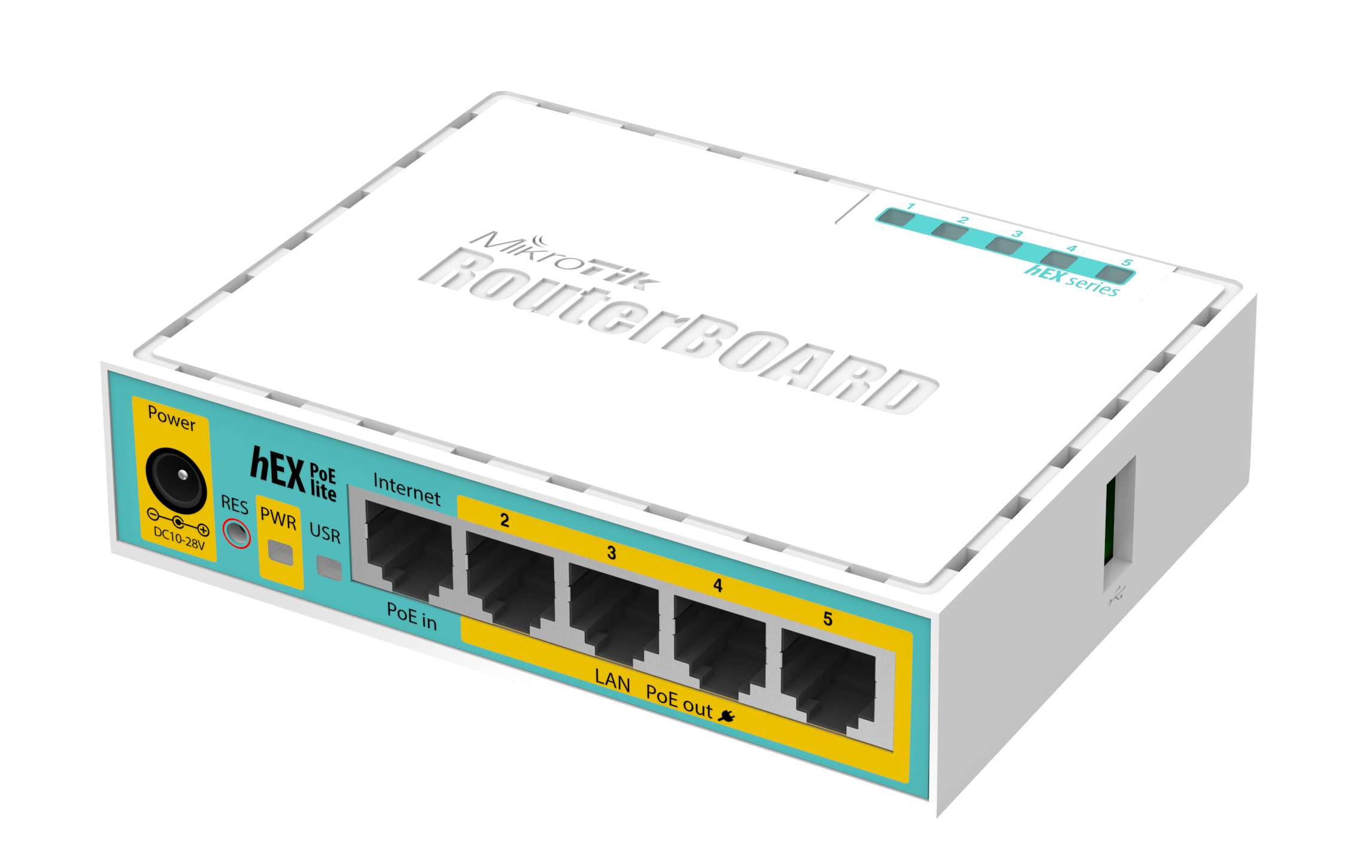 MikroTik hEX PoE Lite - Desktop PoE Router with 5 10/100 LAN ports and 1 USB port MikroTik hEX PoE Lite - Desktop PoE Router with 5 10/100 LAN ports and 1 USB port